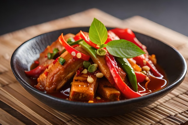 Un tazón de tofu con cebollas verdes y pimiento rojo encima