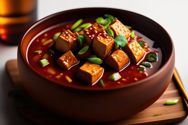 Un tazón de tofu ma po chino con cebollas verdes encima