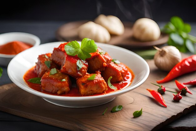 Un tazón de tofu con salsa roja encima