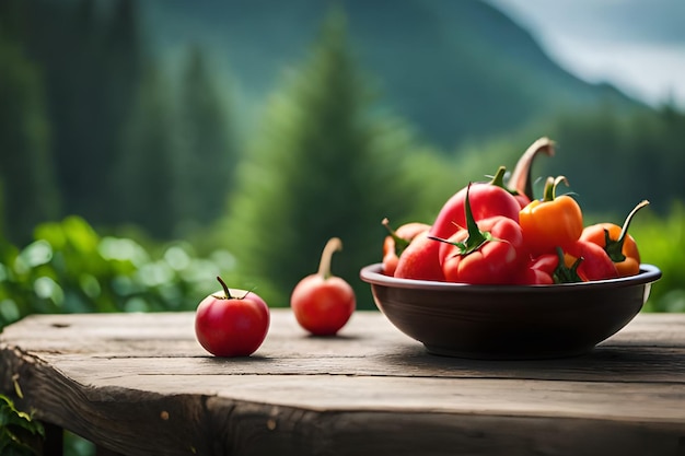Un tazón de tomates se sienta en una mesa frente a una montaña