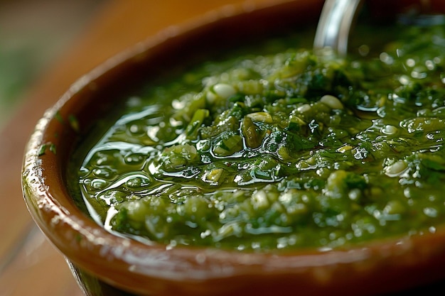 Un tazón de tomatillo salsa verde picante para el aderezo de chilaquiles