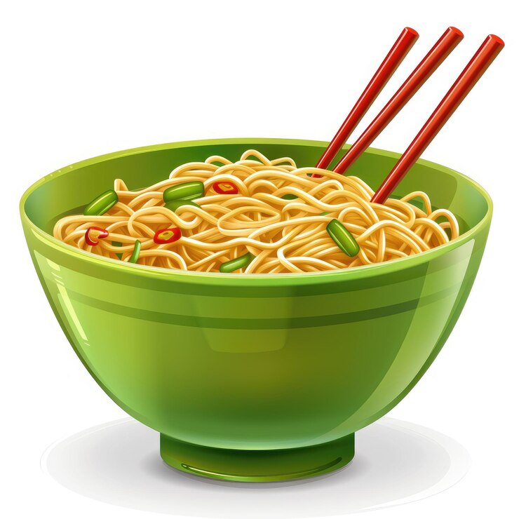 un tazón verde de fideos con palillos en él