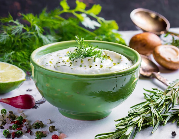 Un tazón verde de salsa de crema agria con hierbas