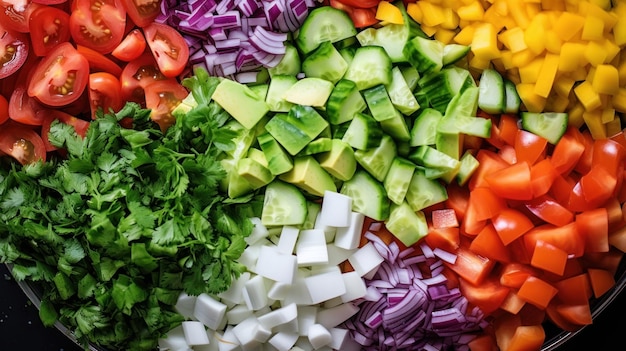 Un tazón de verduras picadas y vibrantes