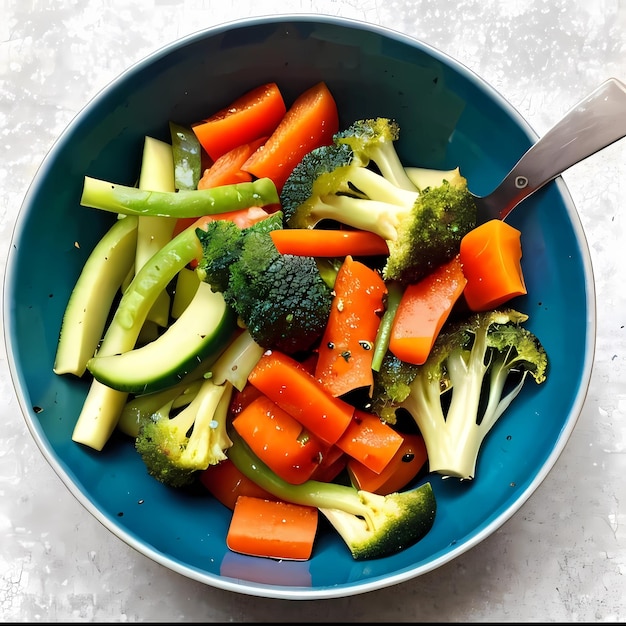 Un tazón de verduras con un tenedor que dice brócoli