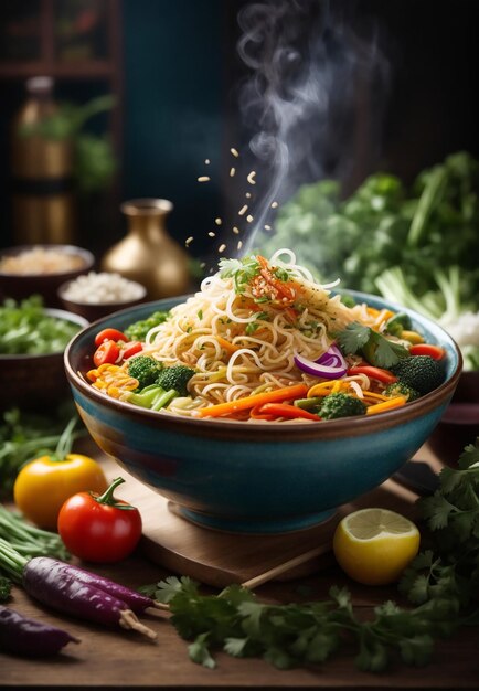 Un tazón vibrante de fideos asiáticos humeantes adornados con vegetales y hierbas de colores