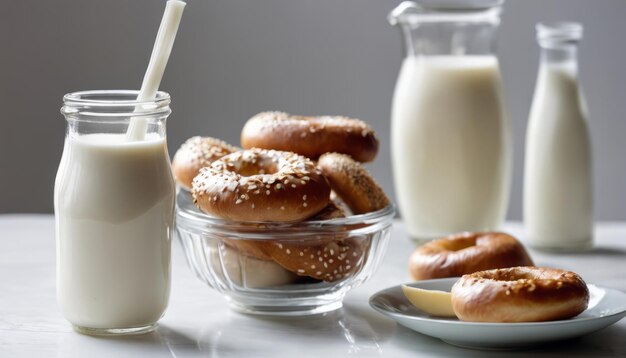 Foto un tazón de vidrio de bagels y un vaso de leche