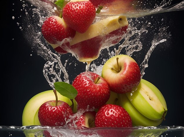 un tazón de vidrio de fresas y plátanos con un salto de agua en él