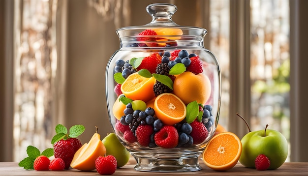 un tazón de vidrio con frutas y bayas en él