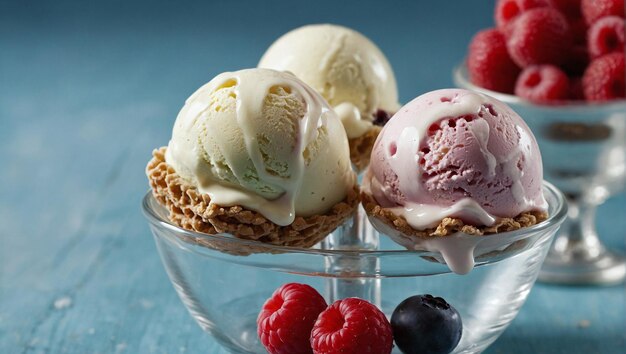 un tazón de vidrio con helado y bayas en él