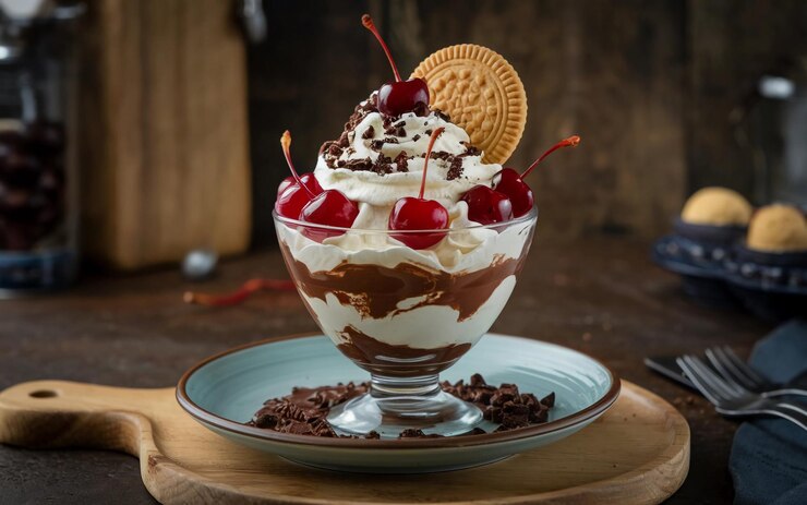 un tazón de vidrio de helado con cerezas