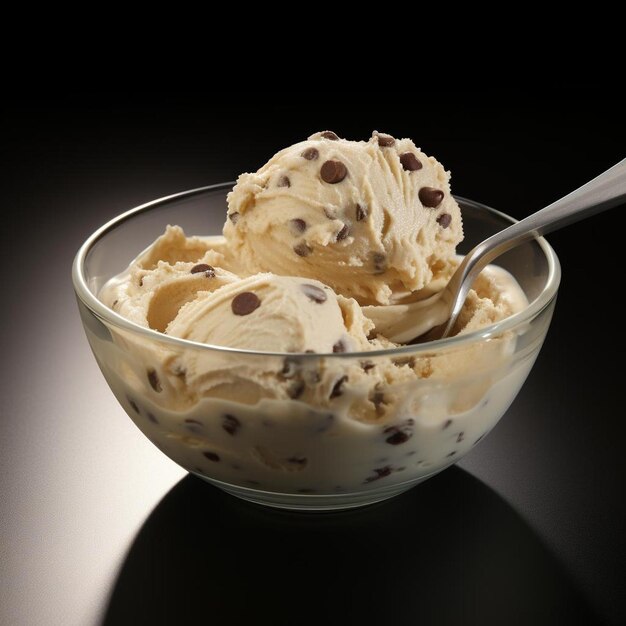 Foto un tazón de vidrio de helado con una cuchara en él