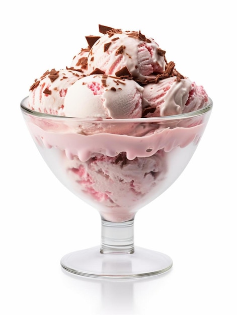 Foto un tazón de vidrio con helado y helado rosa en él.