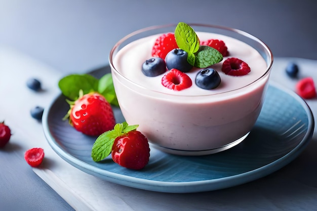 un tazón de vidrio de yogur con bayas y fresas