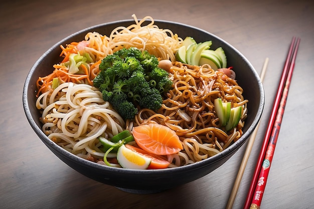 Un tazón con yakisoba y hashi