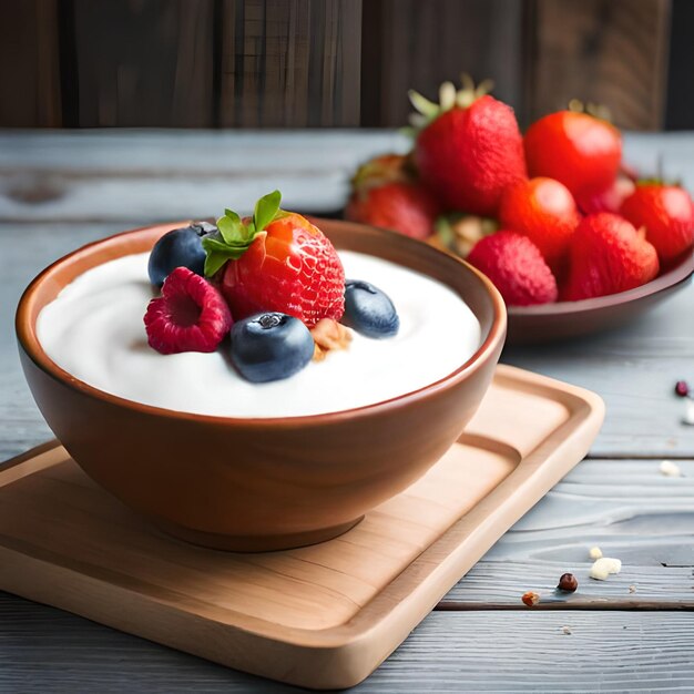 Un tazón de yogur con bayas encima