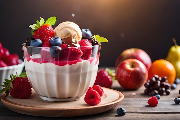 Un tazón de yogur con bayas y helado sobre la mesa.