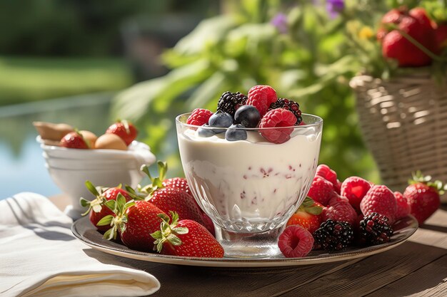 Un tazón de yogur con bayas y un tazón de yogur.