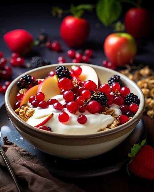 Un tazón de yogur cubierto de manzanas frescas