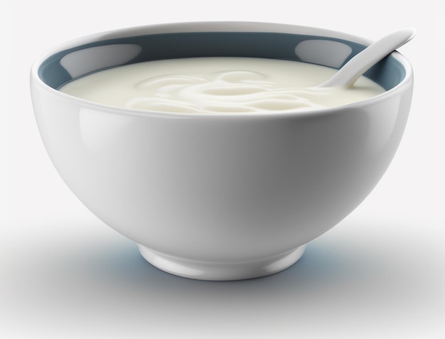 Un tazón de yogur con una cuchara dentro.