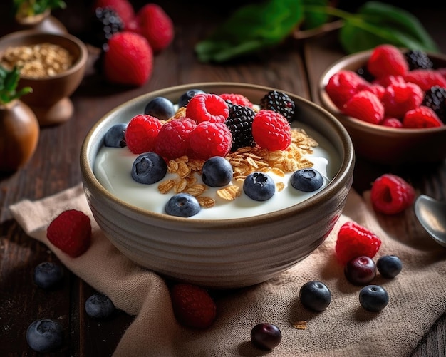 Un tazón de yogur griego con bayas y avena para el desayuno IA generativa