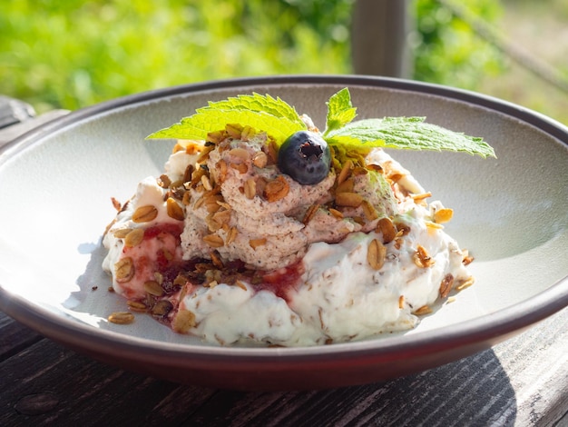 Tazón de yogur griego con crema batida de granola, avena, bayas y nueces para un desayuno saludable