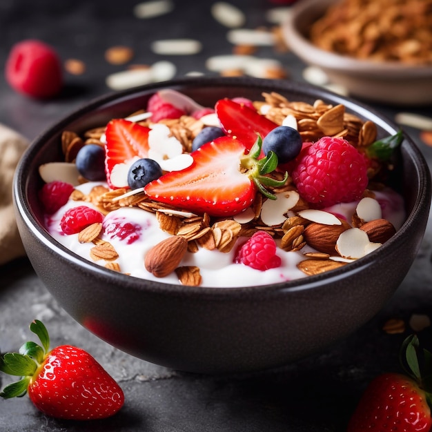 Un tazón de yogur griego cremoso cubierto de granola crujiente y bayas frescas IA generativa