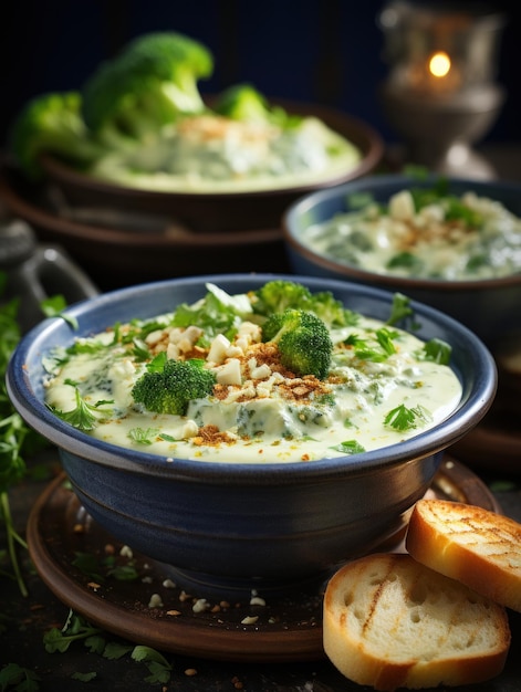 Tazones de sopa cremosa de brócoli y stilton