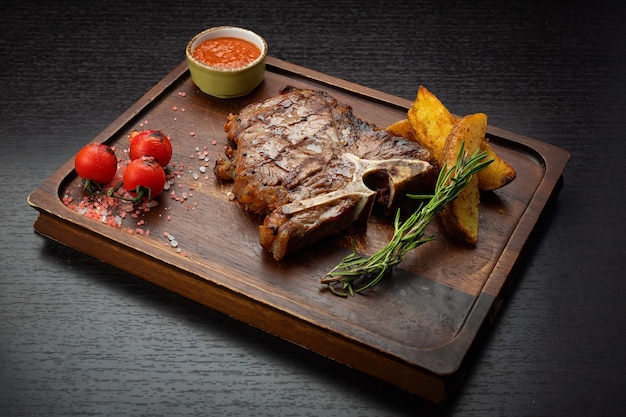 Tbone-Steak auf einem Holzbrett mit Kartoffelsauce Kirschpflücker auf einem dunklen Tisch