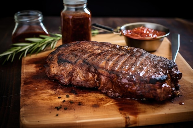 Tbone-Steak mit Grillspuren neben einer BBQ-Sauce-Flasche