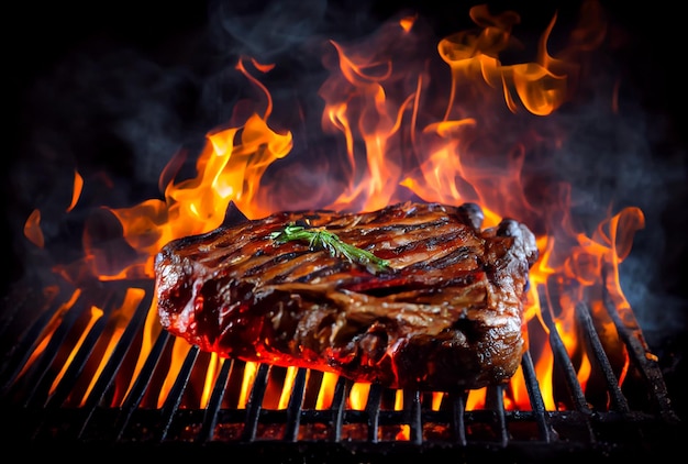 TBone Steak oder Porterhouse auf dem Grill mit lodernder Feuerflamme Lebensmittel- und Küchenkonzept Generative KI