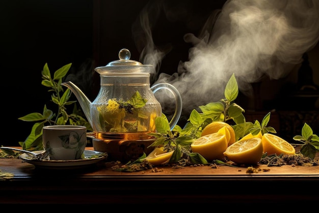 Foto té aromático con vapor