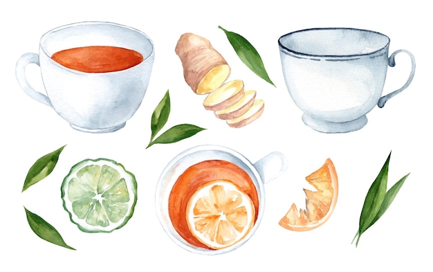 Foto té con bergamota, limón y jengibre conjunto de ilustraciones en acuarela