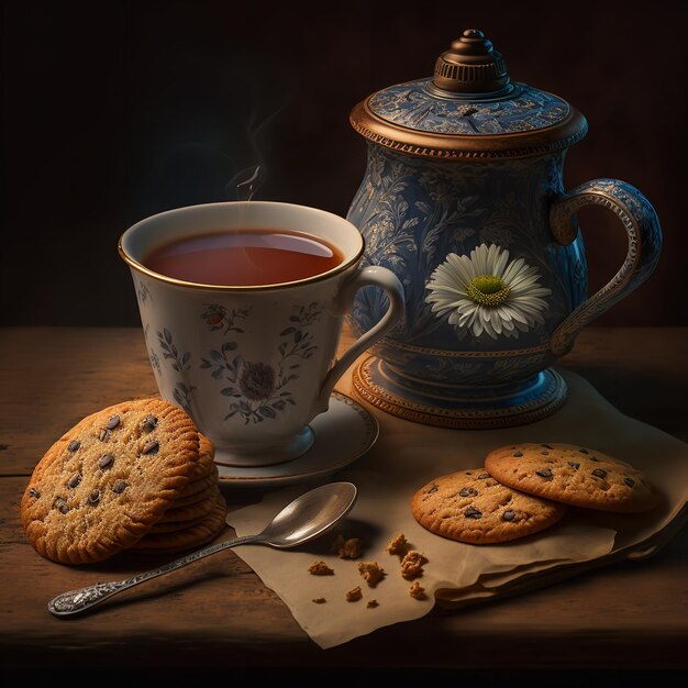 Té caliente con galletas Generative Ai