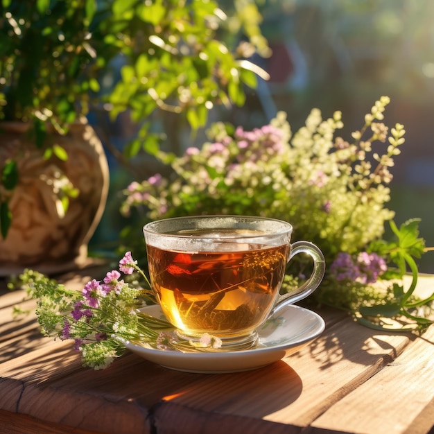 Té caliente en la mesa en una taza en un día soleado IA generativa