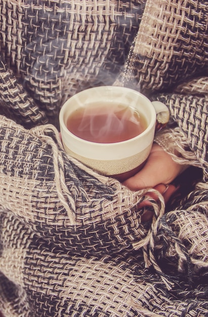 Té caliente en la olla junto a la ventana. enfoque selectivo