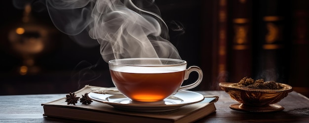 Té caliente en una taza humeante colocada sobre un libro IA generativa