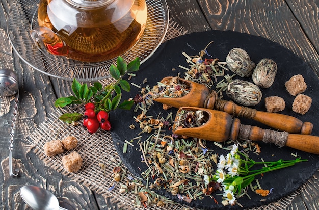 Té caliente en una taza sobre una superficie vieja