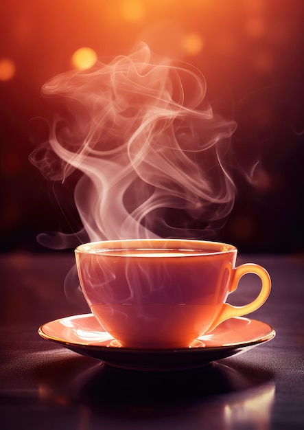 Té caliente con vapor en una taza sobre un fondo oscuro IA generativa