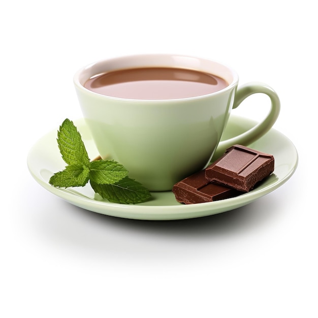 Té de chocolate y menta en una taza verde menta aislada sobre fondo blanco