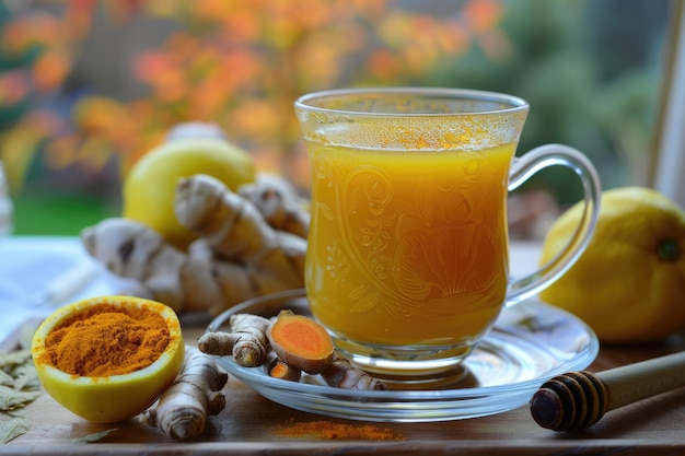 Foto té de cúrcuma una bebida de desintoxicación natural con jengibre, miel, limón y el sistema inmunológico orgánico de la cúrcuma