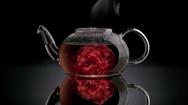 Té de vidro com folha grande de chá multicolorido em fundo preto