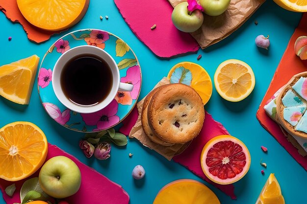 Foto té con delicias en la superficie colorida