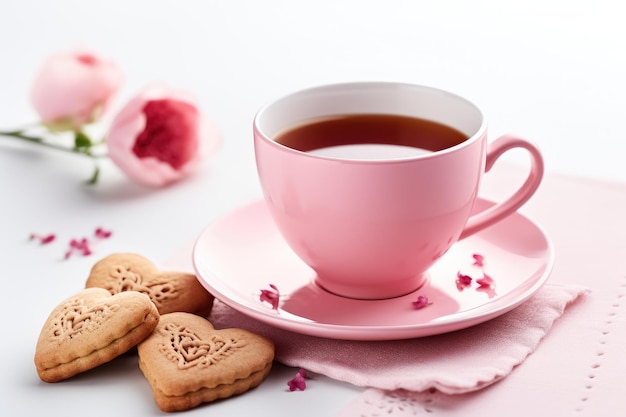Té del Día de San Valentín en una taza rosa y galletas de corazón en un delicado fondo rosa con flores Noche romántica para el Día de San Valentín