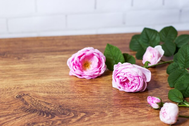 Té de flores capullos de rosa en la mesa de madera vieja