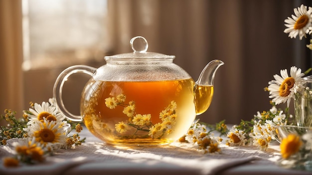 Té fresco en una tetera de cristal con flor de manzanilla