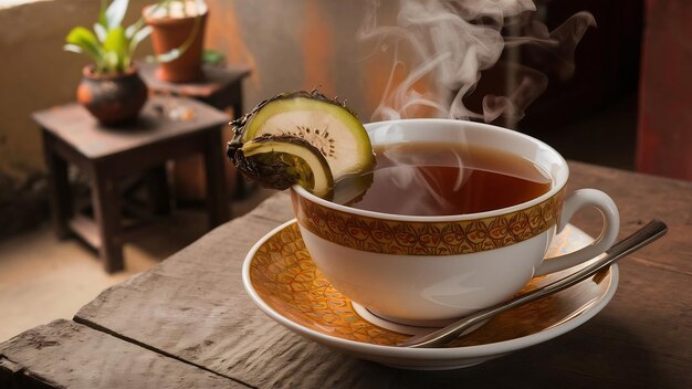 Té de frutas de bael seco caliente en una taza de hierbas tailandesa