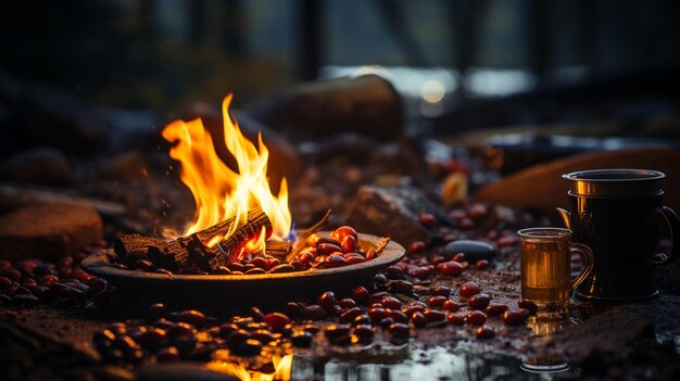 Foto té con fuego en la mesa de madera