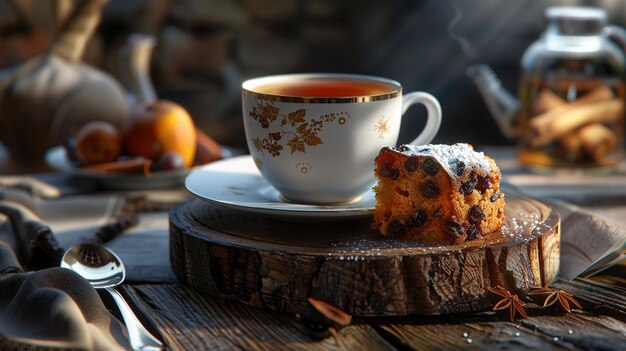Foto té galés tradicional con té de frutas bara brith y pasteles emparejados