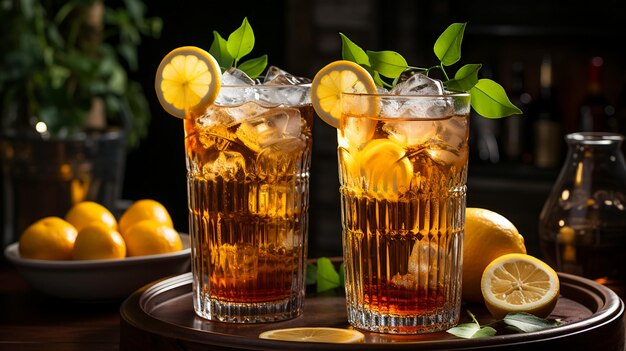 té helado con limón y hielo en vasos altos